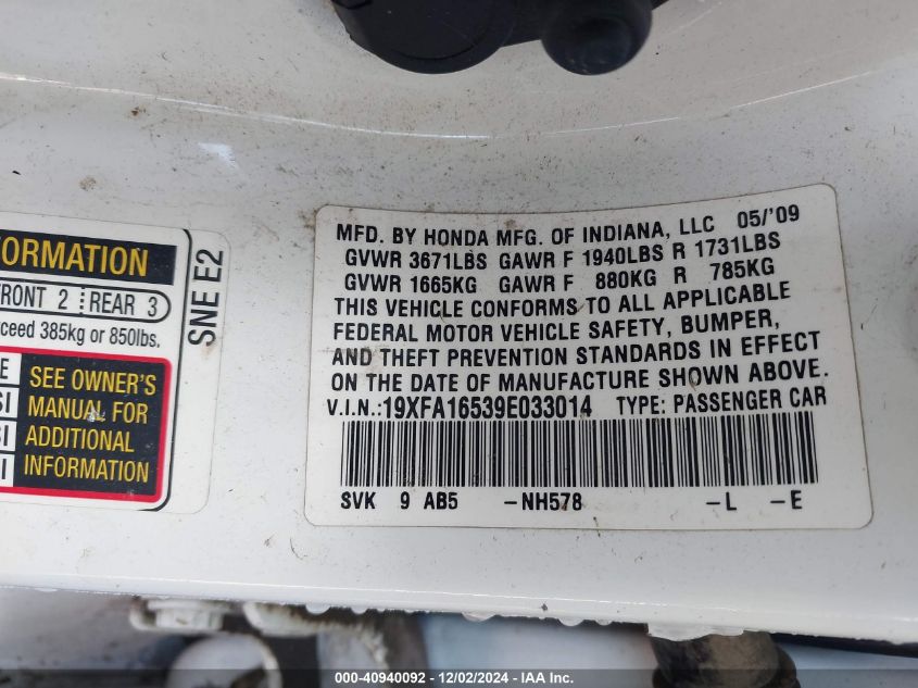 2009 Honda Civic Lx VIN: 19XFA16539E033014 Lot: 40940092