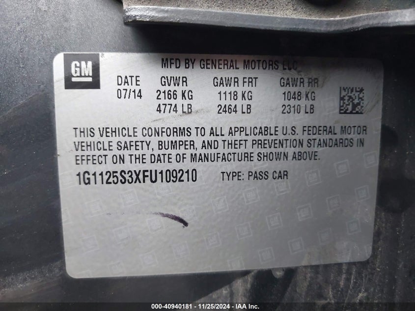 2015 CHEVROLET IMPALA LT - 1G1125S3XFU109210