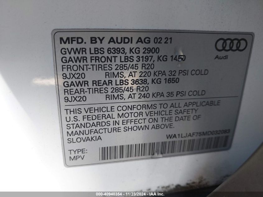 2021 Audi Q7 Premium Plus 45 Tfsi Quattro Tiptronic VIN: WA1LJAF75MD032083 Lot: 40940354