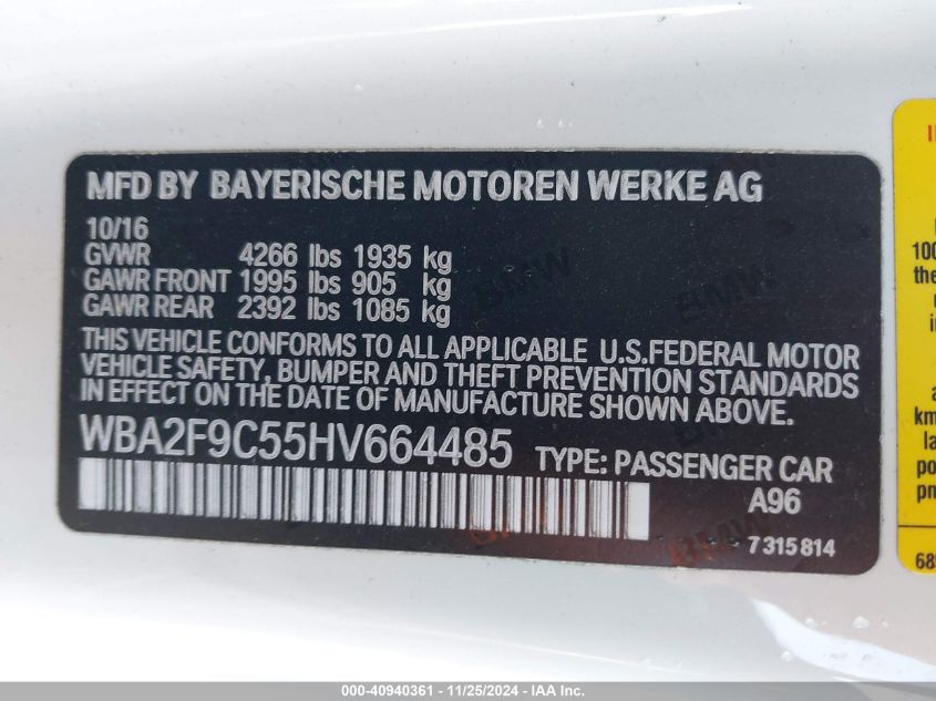 VIN WBA2F9C55HV664485 2017 BMW 2 Series, 230I no.9