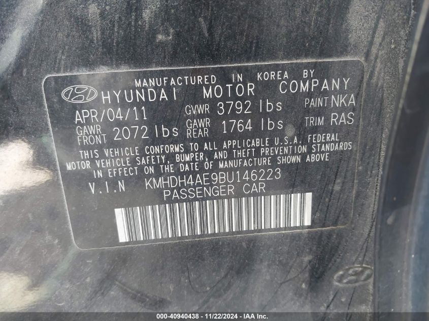 2011 HYUNDAI ELANTRA VIN: KMHDH4AE9BU146223