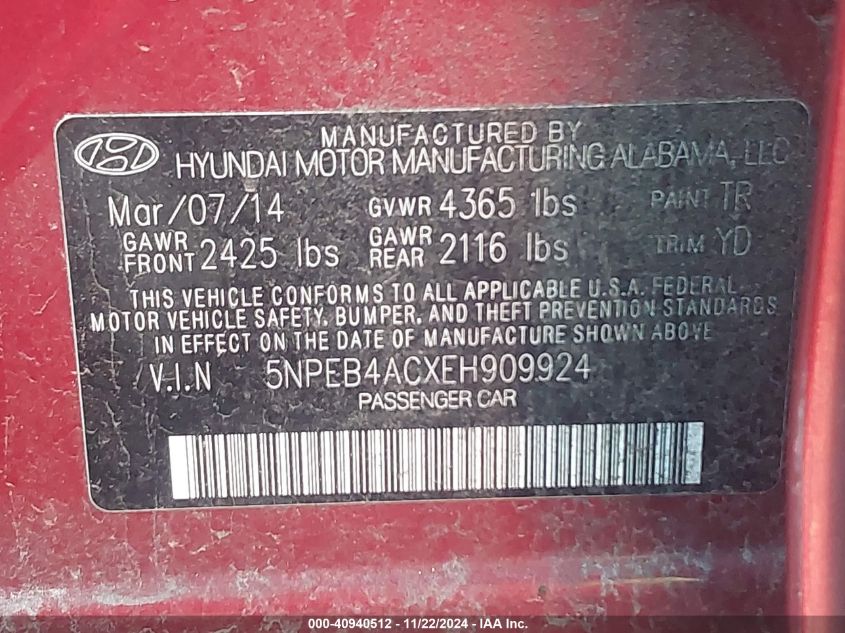 VIN 5NPEB4ACXEH909924 2014 HYUNDAI SONATA no.9