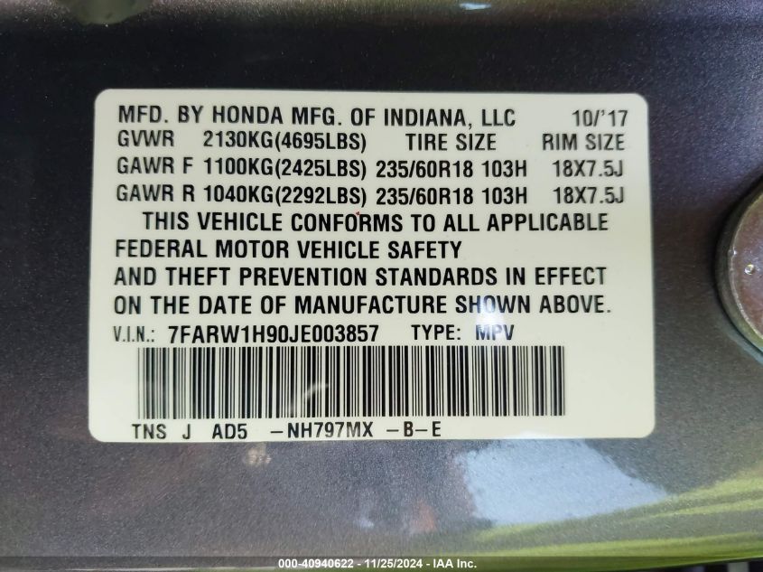 VIN 7FARW1H90JE003857 2018 Honda CR-V, Touring no.9