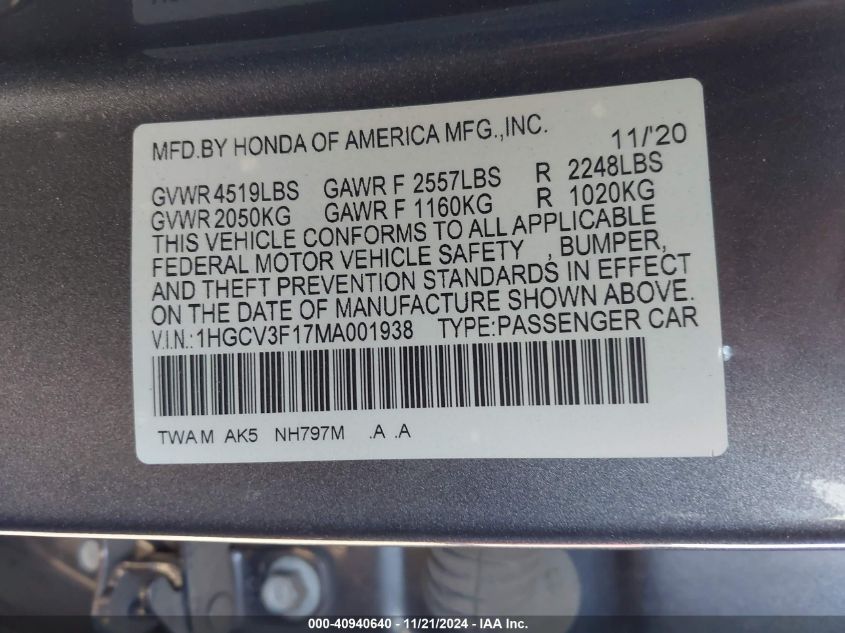 2021 Honda Accord Hybrid VIN: 1HGCV3F17MA001938 Lot: 40940640