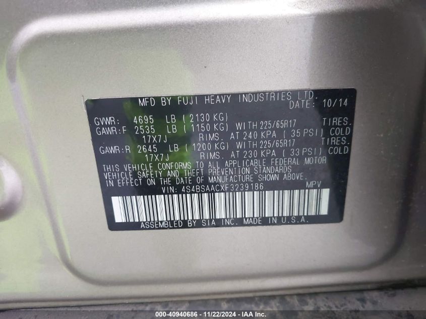 2015 SUBARU OUTBACK 2.5I - 4S4BSAACXF3239186