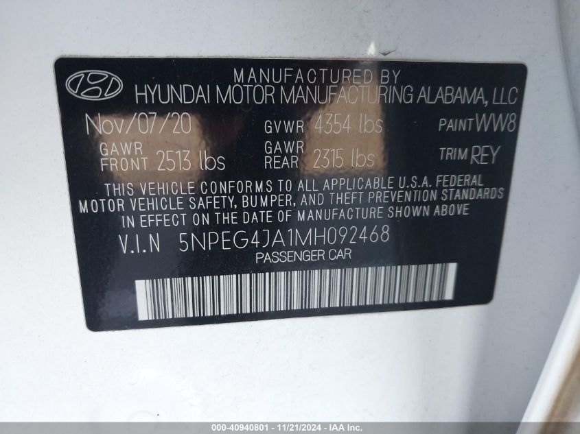 2021 Hyundai Sonata Se VIN: 5NPEG4JA1MH092468 Lot: 40940801