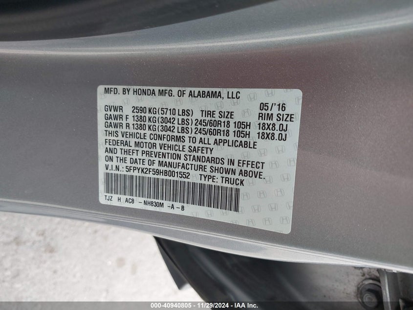 2017 HONDA RIDGELINE RTL - 5FPYK2F59HB001552