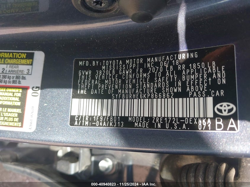 2019 TOYOTA COROLLA VIN: 5YFBURHE6KP866862