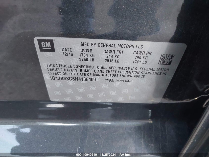 2017 CHEVROLET SONIC VIN: 1G1JB5SG6H4136409