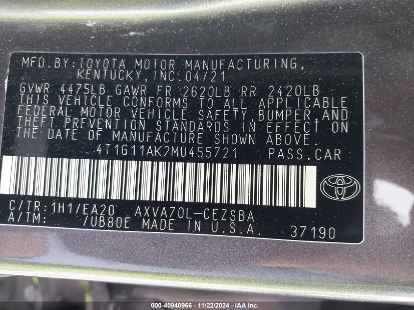 2021 Toyota Camry Se VIN: 4T1G11AK2MU455721 Lot: 40940966