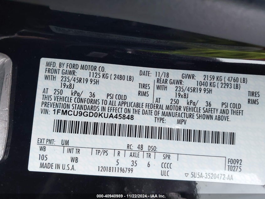 VIN 1FMCU9GD0KUA45848 2019 FORD ESCAPE SE