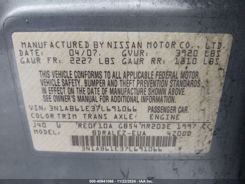 2007 NISSAN SENTRA VIN: 3N1AB61E37L691066