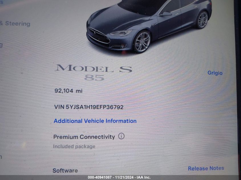 2014 Tesla Model S P85 VIN: 5YJSA1H19EFP36792 Lot: 40941087