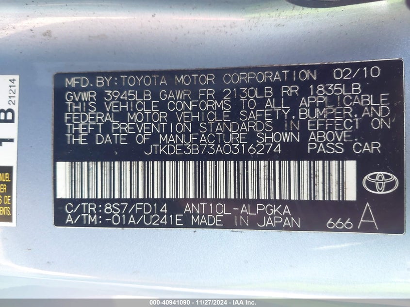 2010 TOYOTA SCION TC VIN: JTKDE3B73A0316274