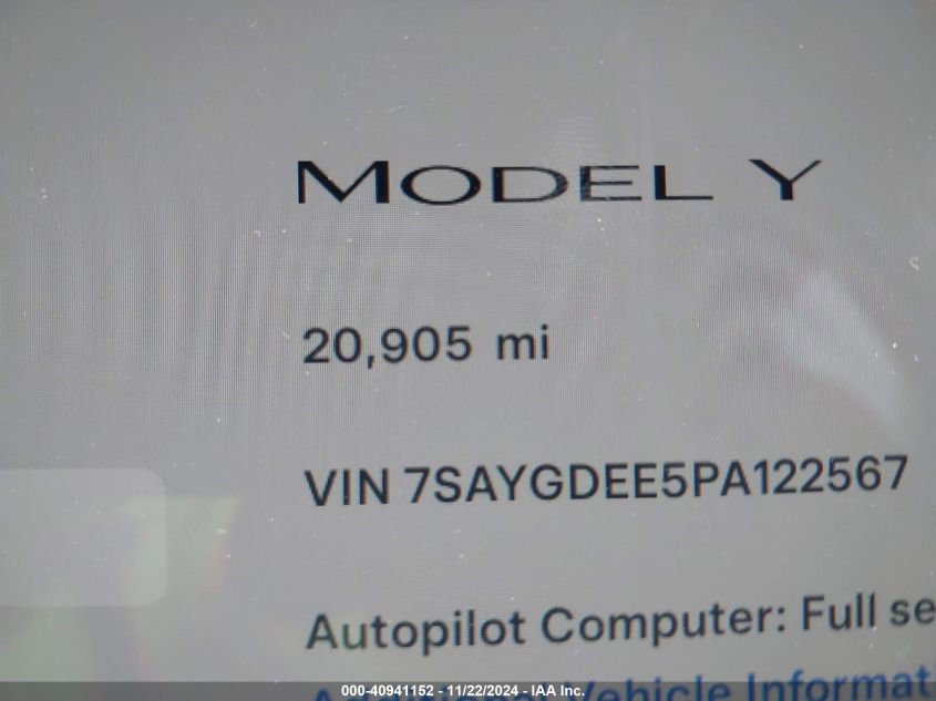 2023 Tesla Model Y Awd/Long Range Dual Motor All-Wheel Drive VIN: 7SAYGDEE5PA122567 Lot: 40941152