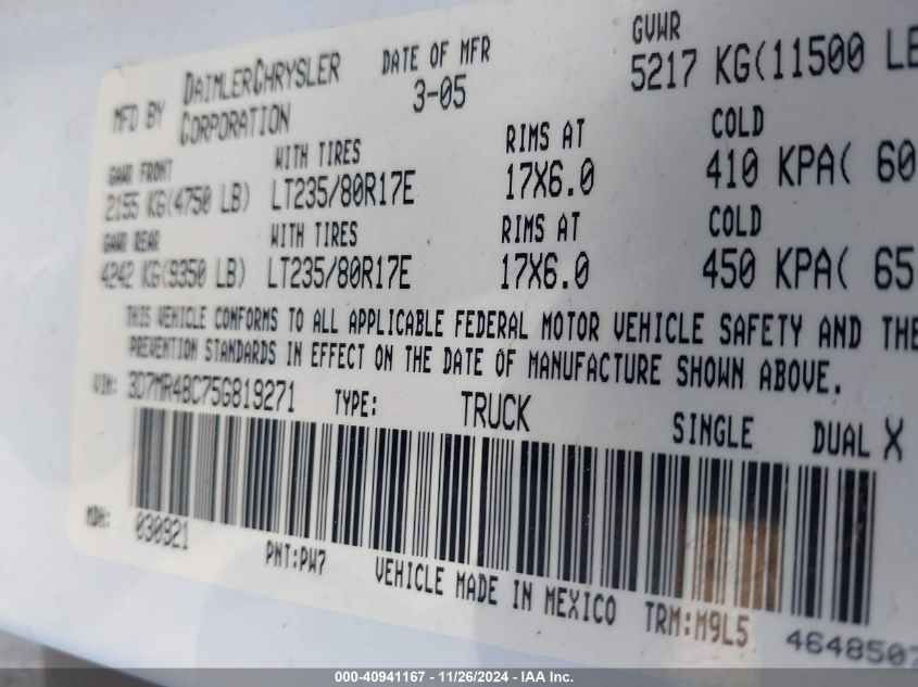 2005 Dodge Ram 3500 Slt/Laramie VIN: 3D7MR48C75G819271 Lot: 40941167