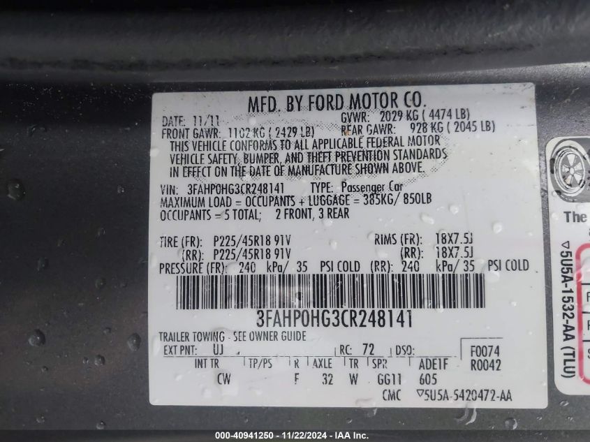 2012 Ford Fusion Se VIN: 3FAHP0HG3CR248141 Lot: 40941250