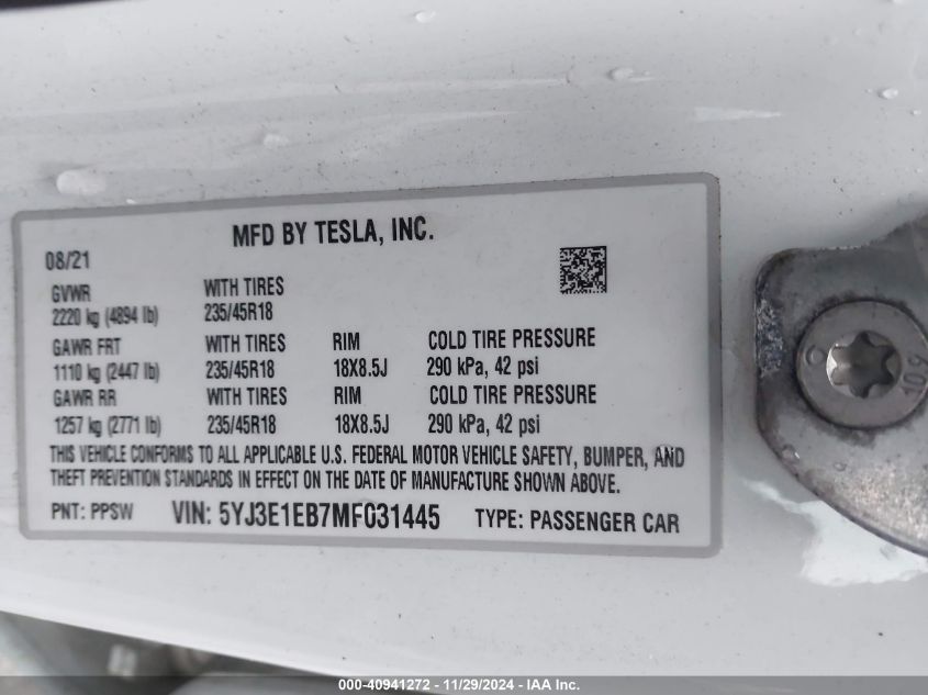 VIN 5YJ3E1EB7MF031445 2021 Tesla Model 3, Long Rang... no.9