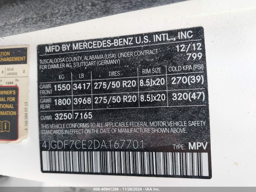 VIN 4JGDF7CE2DA167701 2013 Mercedes-Benz GL 450, 4M... no.9