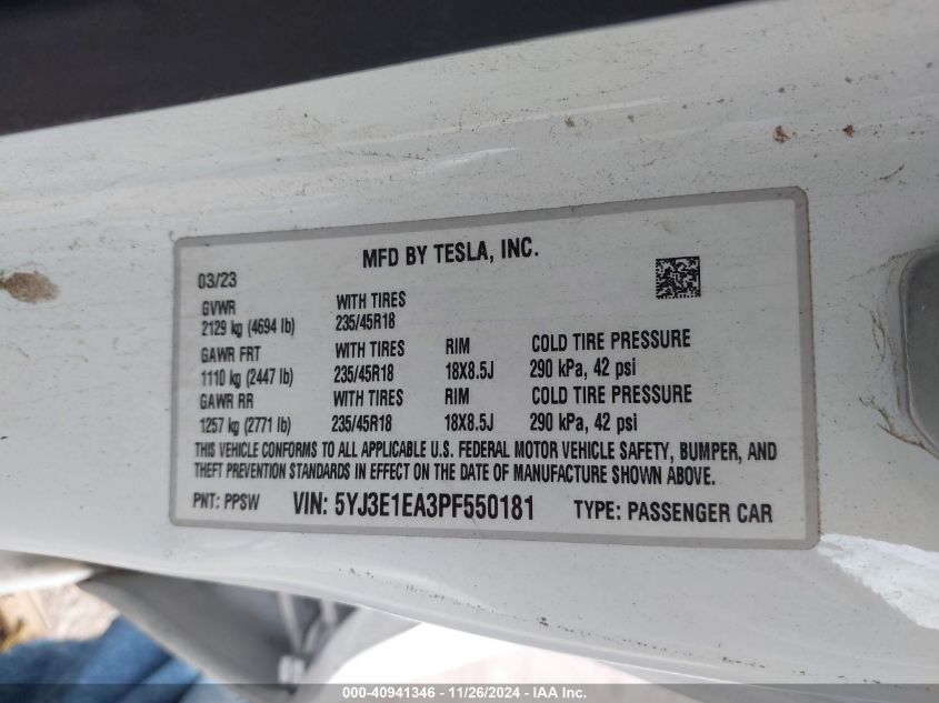 VIN 5YJ3E1EA3PF550181 2023 Tesla Model 3, Rear-Whee... no.9