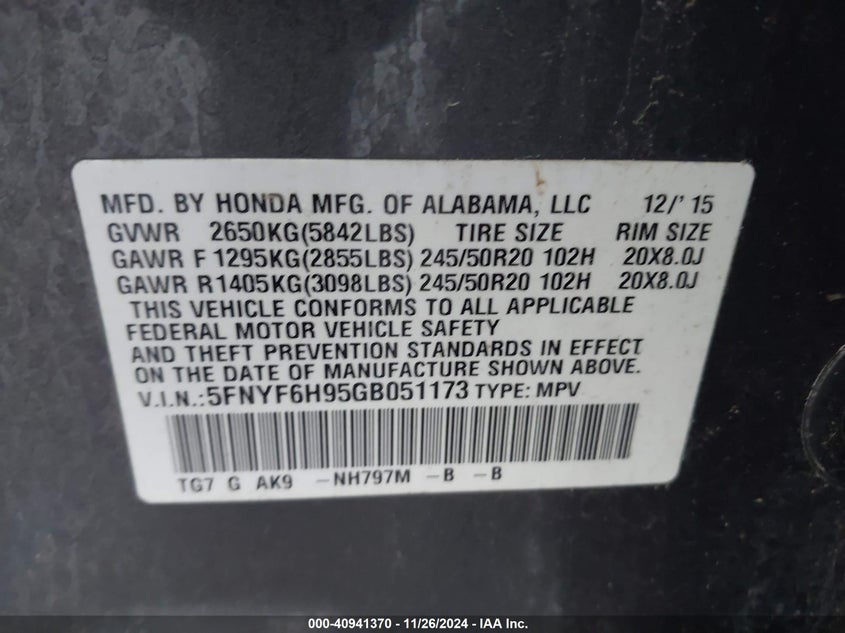 2016 HONDA PILOT TOURING - 5FNYF6H95GB051173