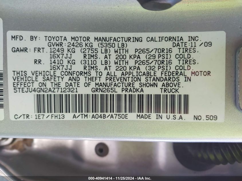2010 Toyota Tacoma Double Cab Prerunner VIN: 5TEJU4GN2AZ712321 Lot: 40941414