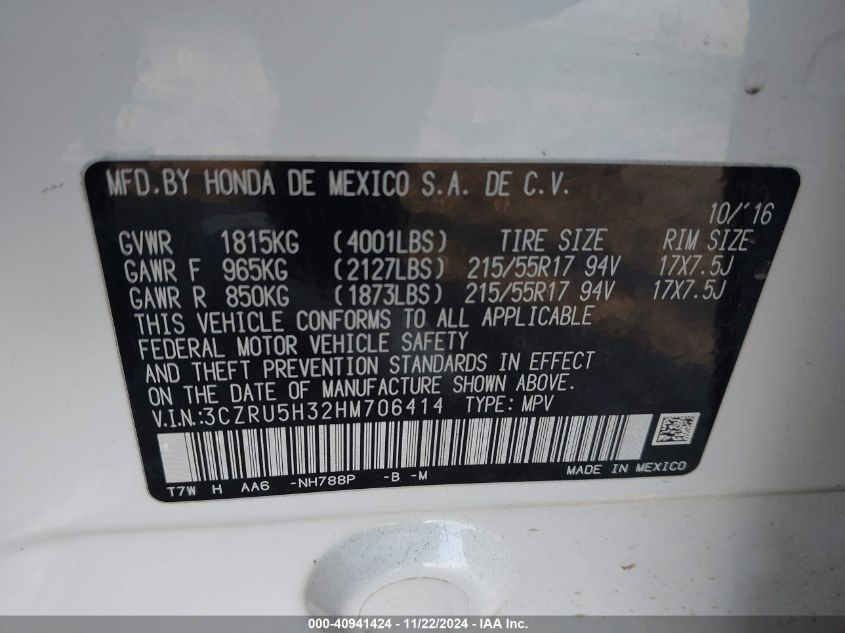 VIN 3CZRU5H32HM706414 2017 Honda HR-V, LX no.9