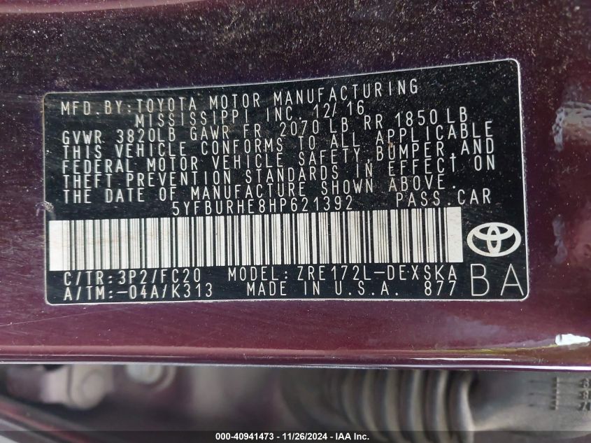 VIN 5YFBURHE8HP621392 2017 Toyota Corolla, Se Speci... no.9