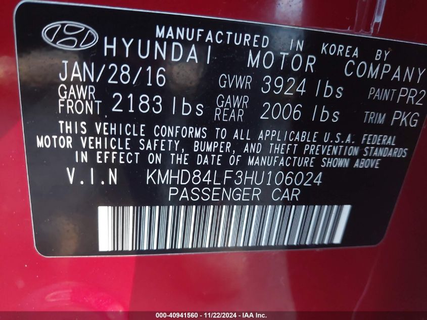 2017 Hyundai Elantra Se VIN: KMHD84LF3HU106024 Lot: 40941560