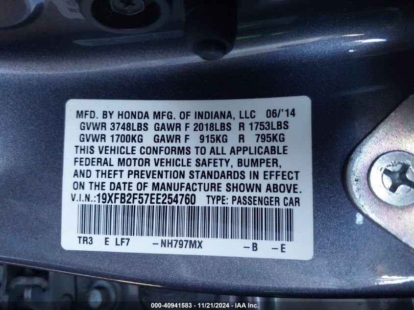 2014 HONDA CIVIC VIN: 19XFB2F57EE254760