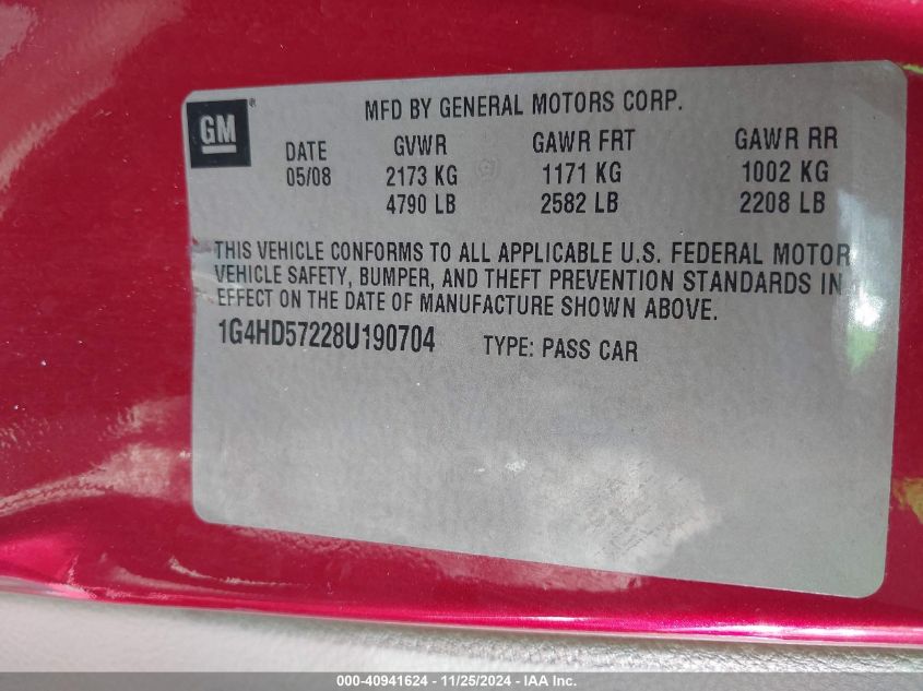 2008 BUICK LUCERNE VIN: 1G4HD57228U190704