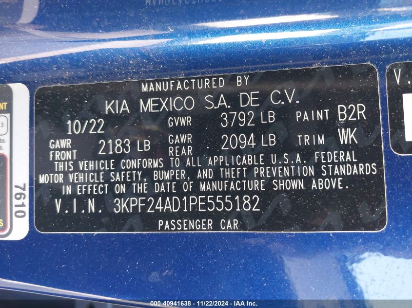 2023 Kia Forte Lxs VIN: 3KPF24AD1PE555182 Lot: 40941638