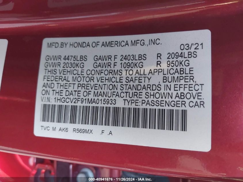 VIN 1HGCV2F91MA015933 2021 HONDA ACCORD no.9