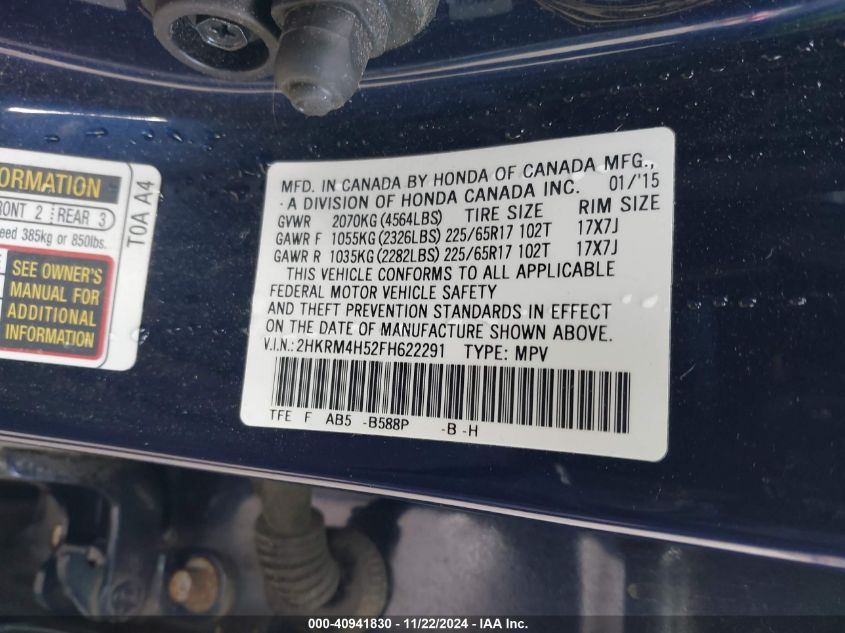 2015 Honda Cr-V Ex VIN: 2HKRM4H52FH622291 Lot: 40941830