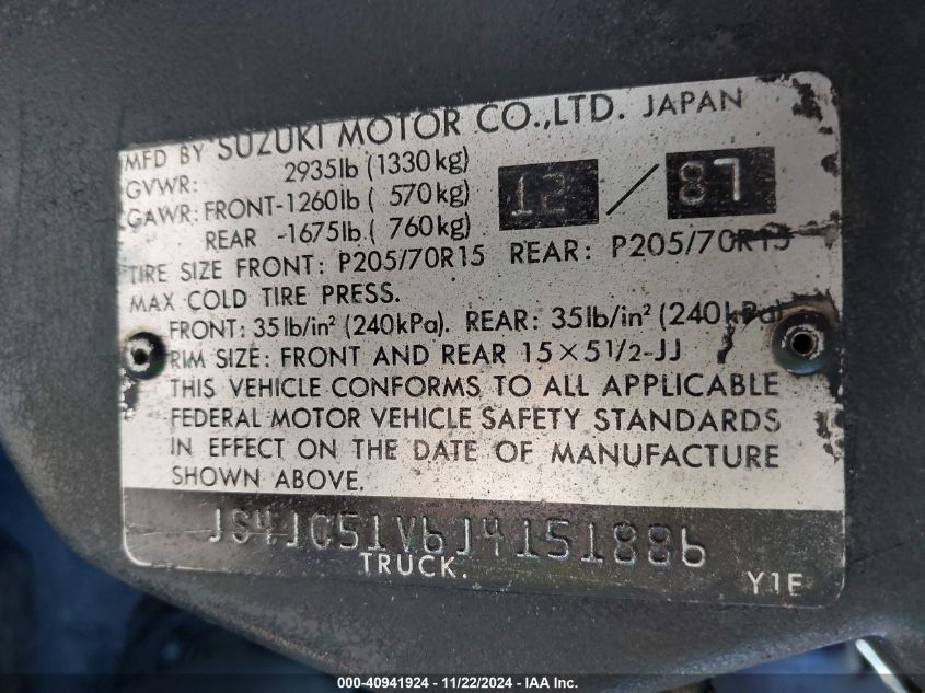 1988 Suzuki Samurai VIN: JS4JC51V6J4151886 Lot: 40941924