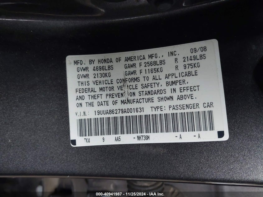 2009 ACURA TL VIN: 19UUA86279A001631