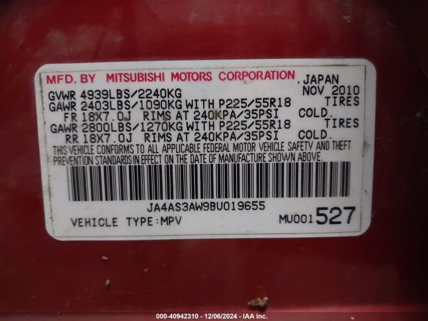 2011 Mitsubishi Outlander Se VIN: JA4AS3AW9BU019655 Lot: 40942310