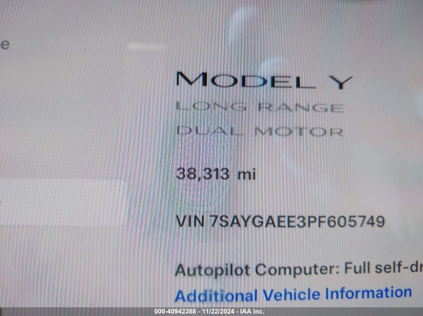 2023 Tesla Model Y Awd/Long Range Dual Motor All-Wheel Drive VIN: 7SAYGAEE3PF605749 Lot: 40942388