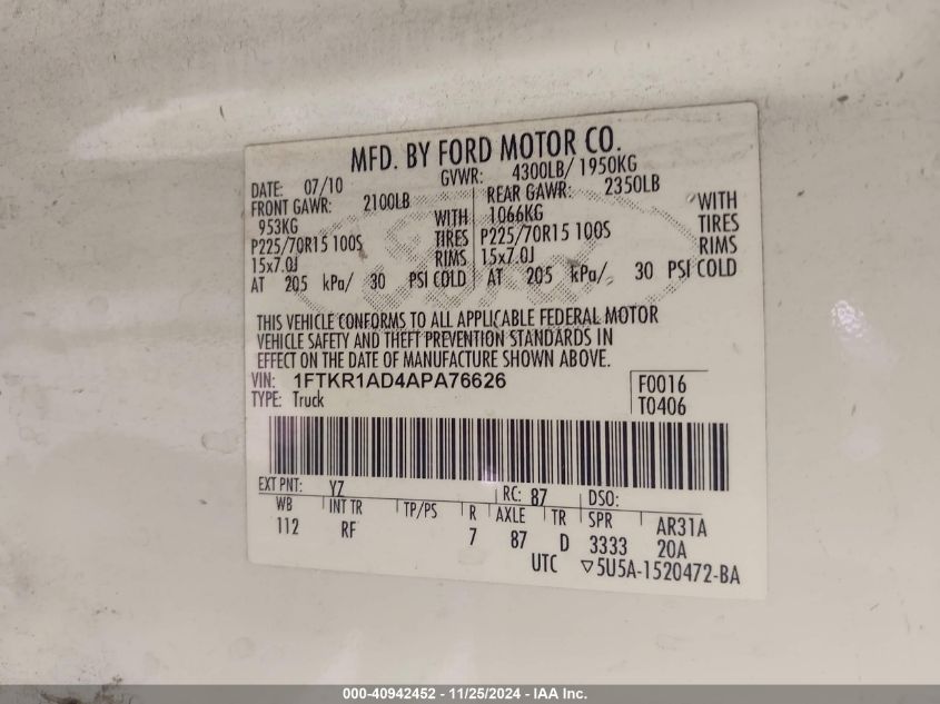 2010 Ford Ranger VIN: 1FTKR1AD4APA76626 Lot: 40942452