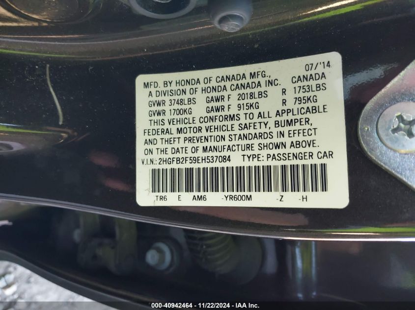 VIN 2HGFB2F59EH537084 2014 HONDA CIVIC no.9