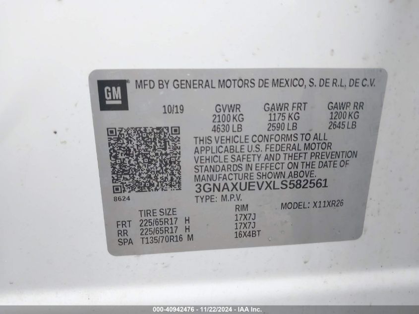 2020 Chevrolet Equinox Awd Lt 1.5L Turbo VIN: 3GNAXUEVXLS582561 Lot: 40942476