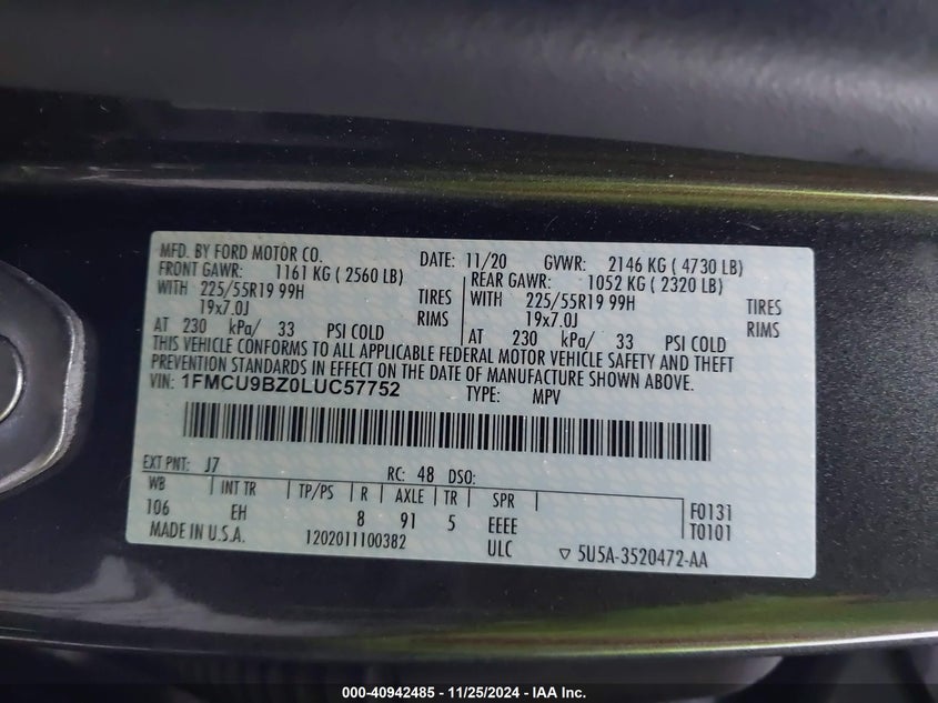 VIN 1FMCU9BZ0LUC57752 2020 FORD ESCAPE SE SPORT HYBRID