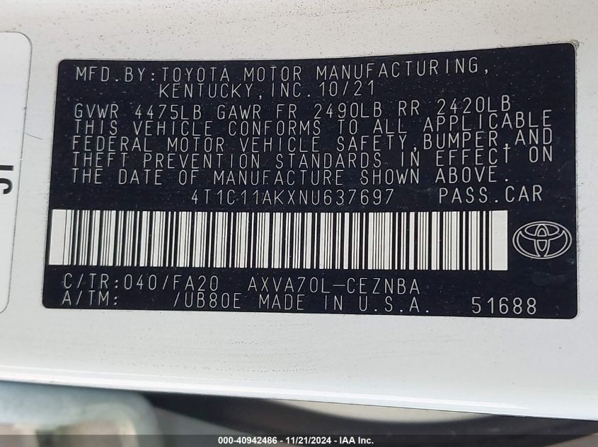 VIN 4T1C11AKXNU637697 2022 TOYOTA CAMRY no.9