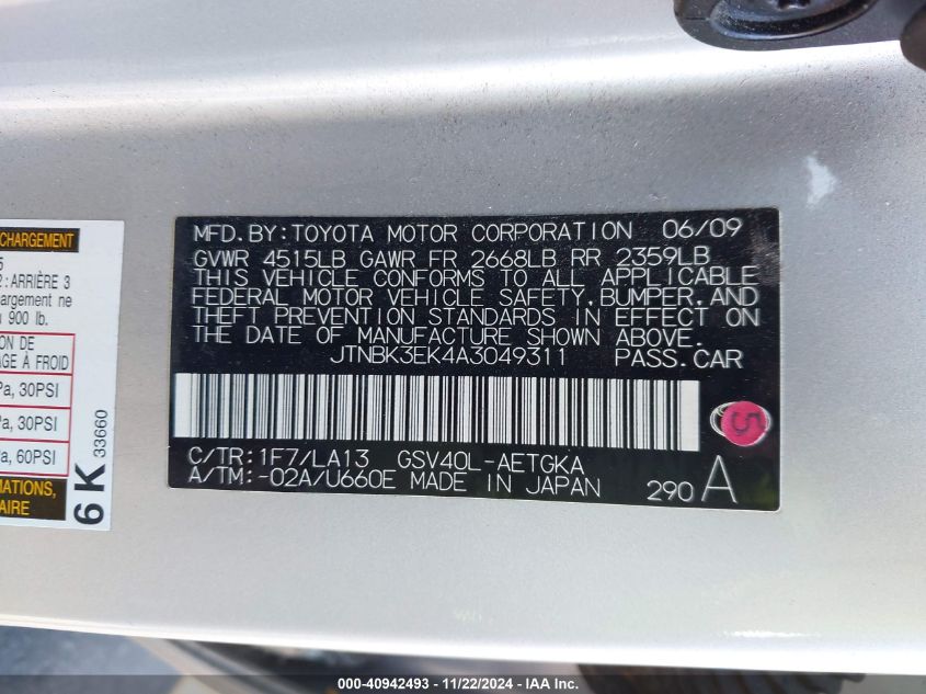 2010 Toyota Camry Xle V6 VIN: JTNBK3EK4A3049311 Lot: 40942493