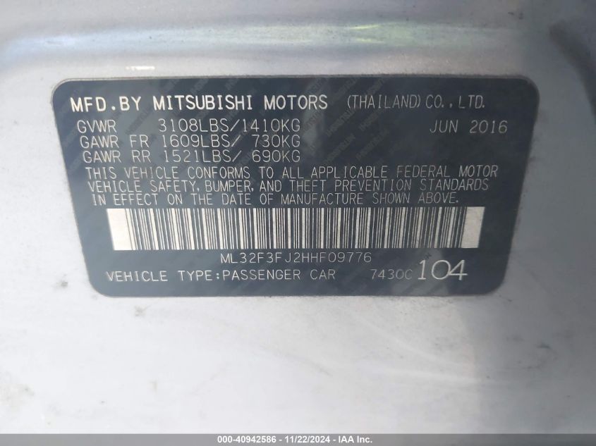 VIN ML32F3FJ2HHF09776 2017 MITSUBISHI MIRAGE G4 no.9