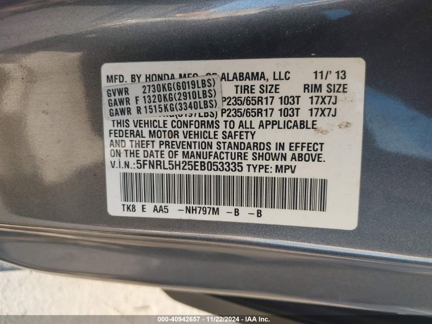 VIN 5FNRL5H25EB053335 2014 Honda Odyssey, LX no.9