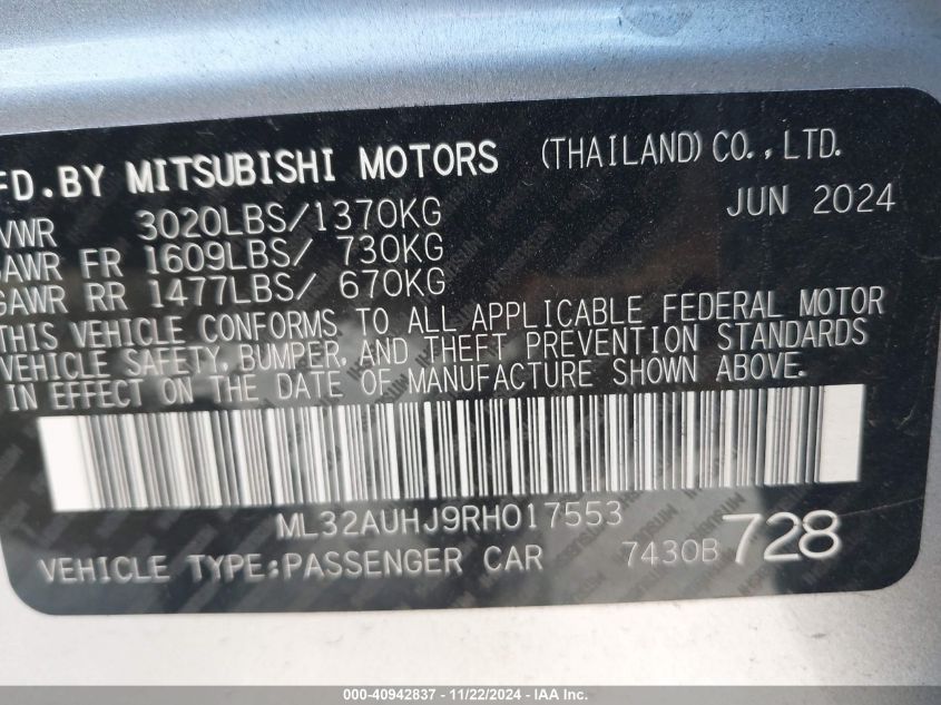 2024 Mitsubishi Mirage Es/Le VIN: ML32AUHJ9RH017553 Lot: 40942837