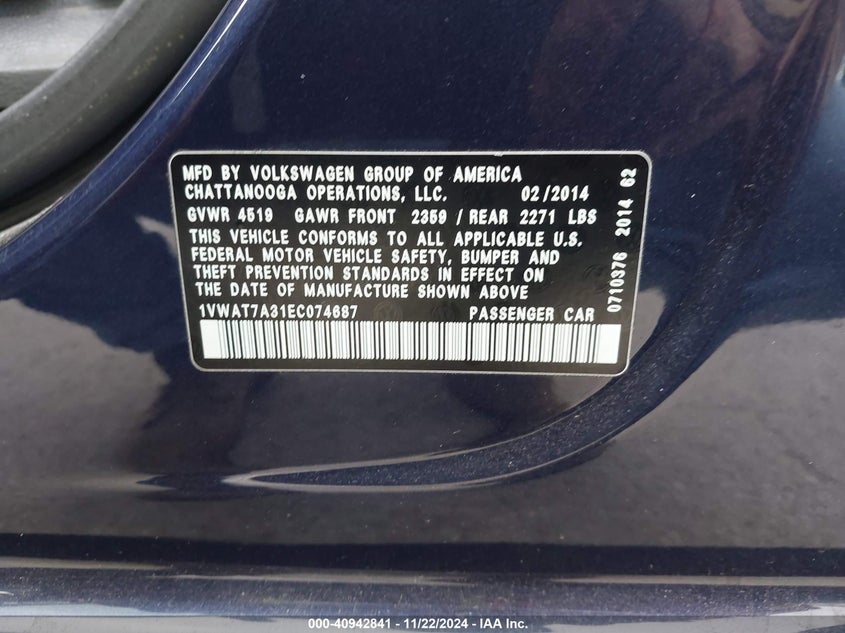 2014 VOLKSWAGEN PASSAT VIN: 1VWAT7A31EC074687