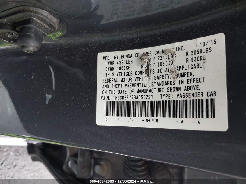 2016 HONDA ACCORD VIN: 1HGCR2F75GA058291
