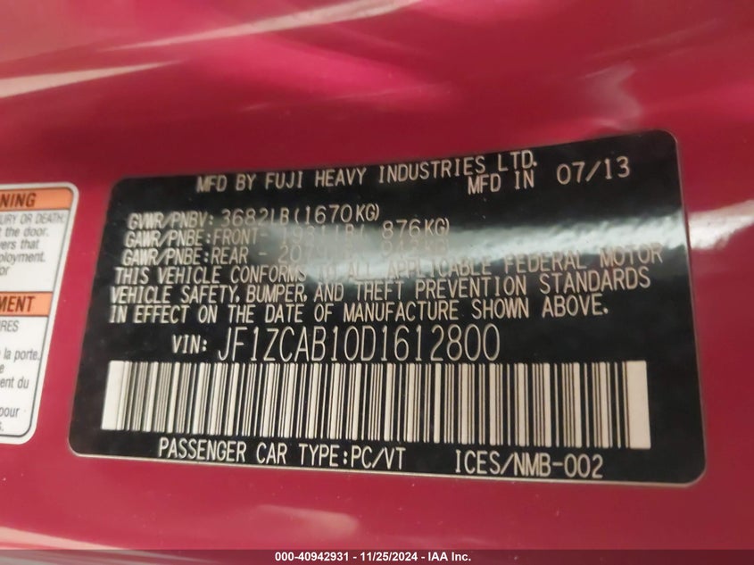 2013 Subaru Brz Premium VIN: JF1ZCAB10D1612800 Lot: 40942931